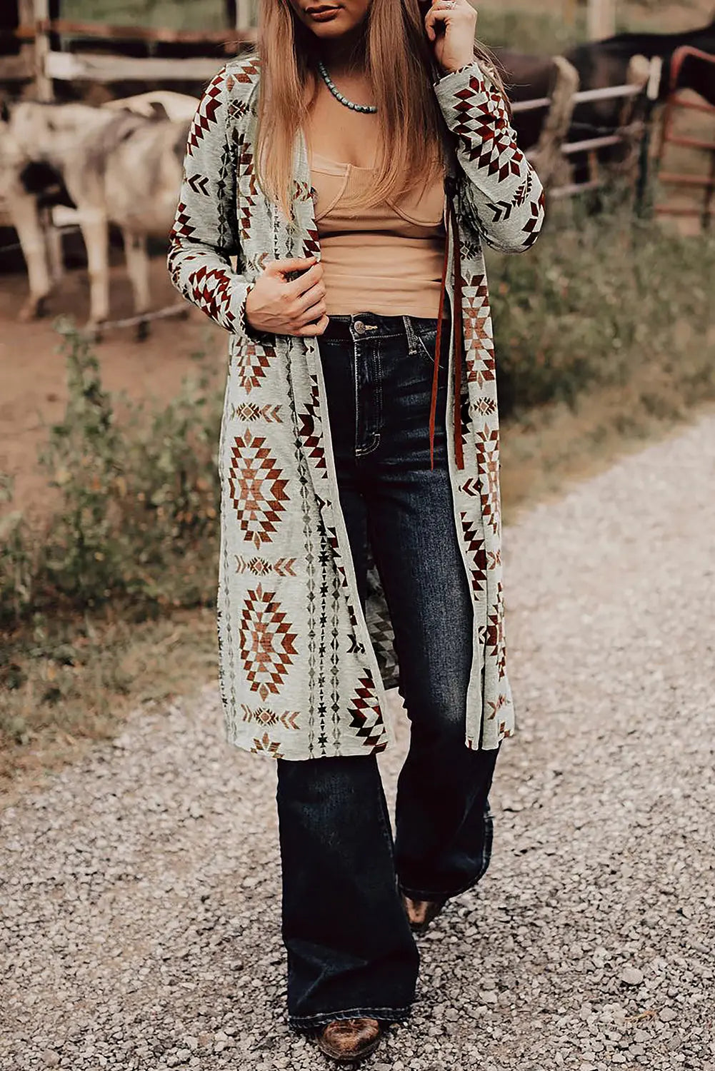 Brown Western Aztec Printed Open Front Long Cardigan Beagle Boutique Fashion Outlet