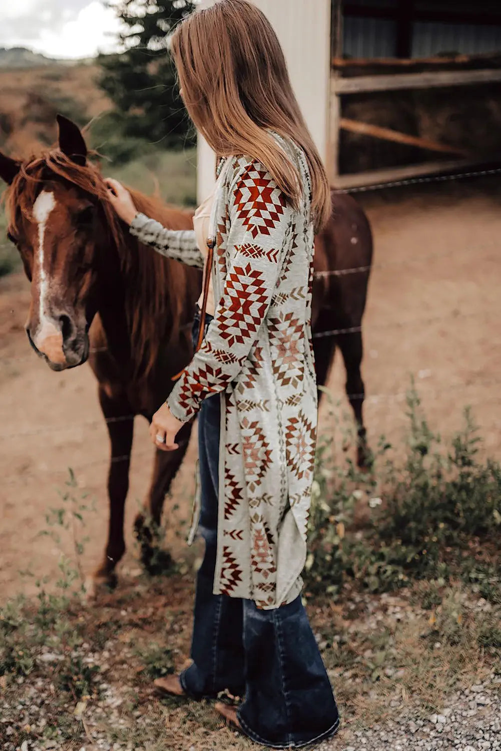 Brown Western Aztec Printed Open Front Long Cardigan Beagle Boutique Fashion Outlet