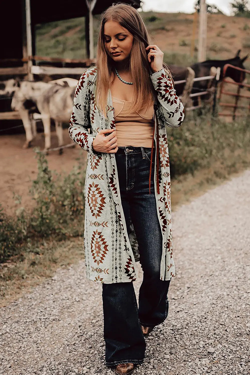 Brown Western Aztec Printed Open Front Long Cardigan Beagle Boutique Fashion Outlet
