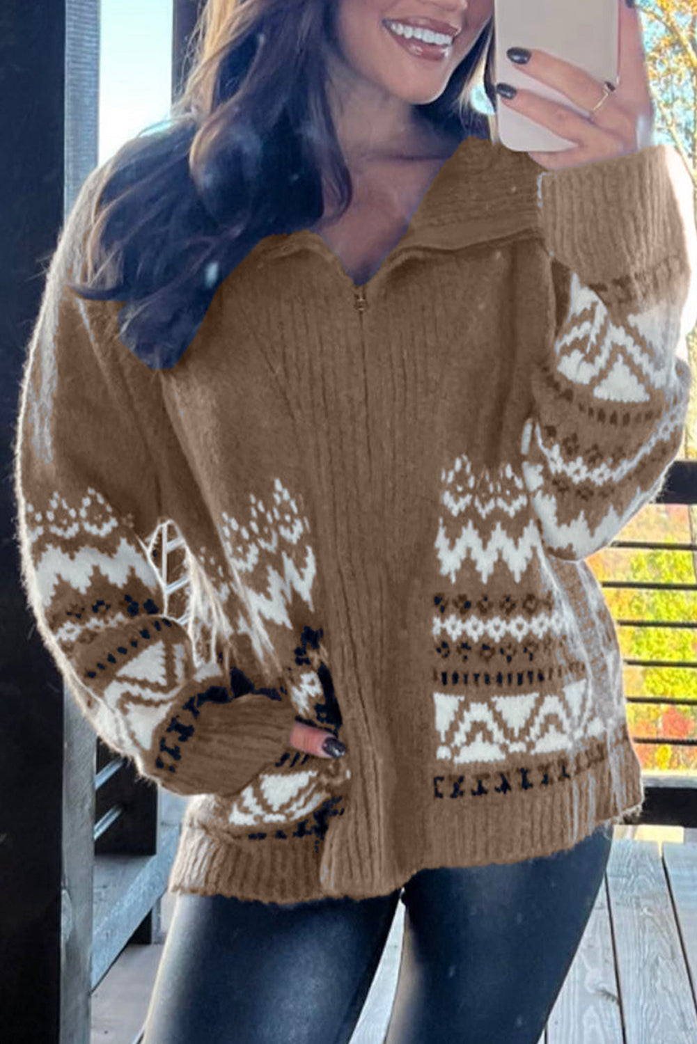 Brown Western Printed Ribbed Trim Collared Zip up Cardigan - eAura