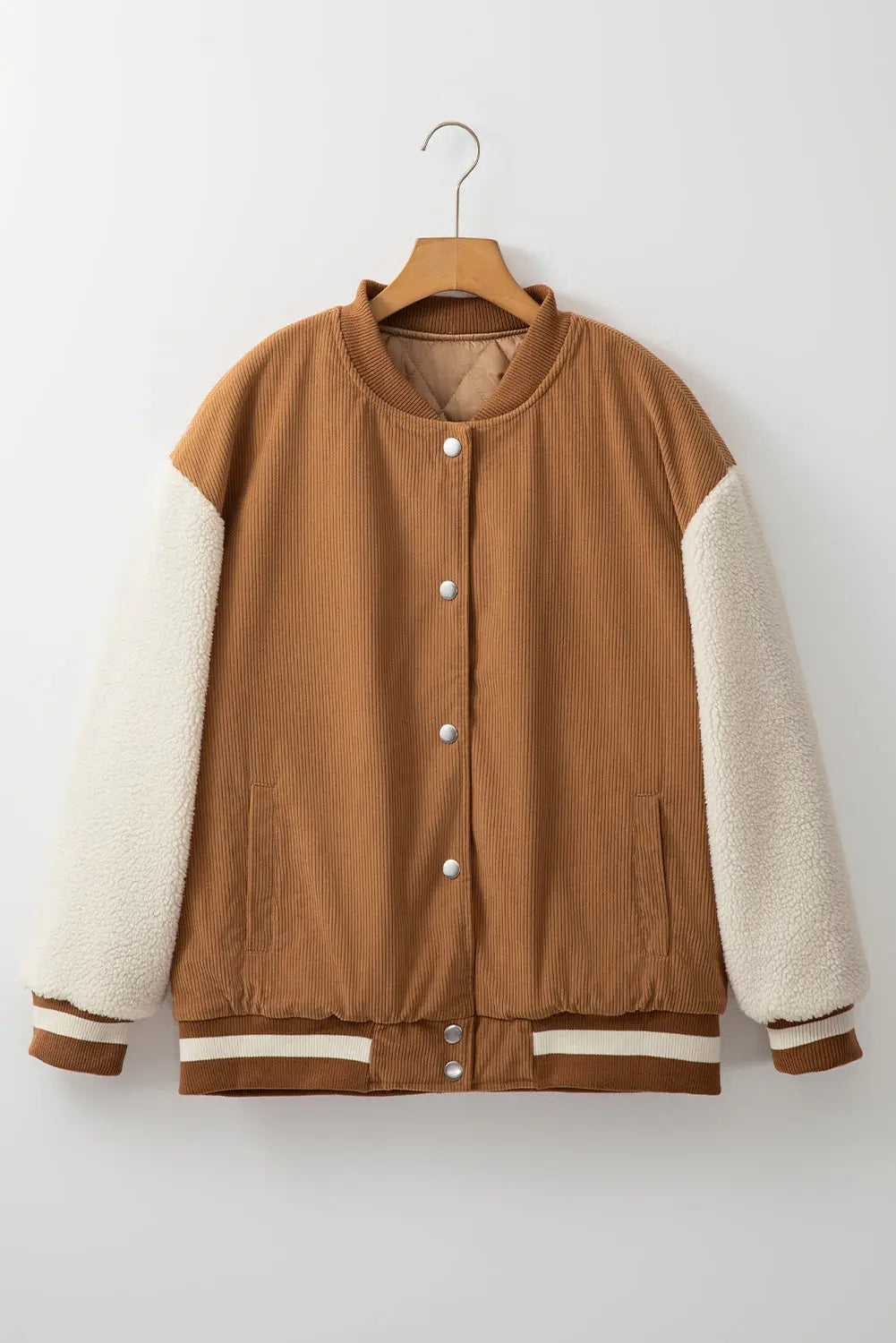 Soft Corduroy Fleece Patchwork Buttoned Bomber Jacket - Outerwear/Jackets