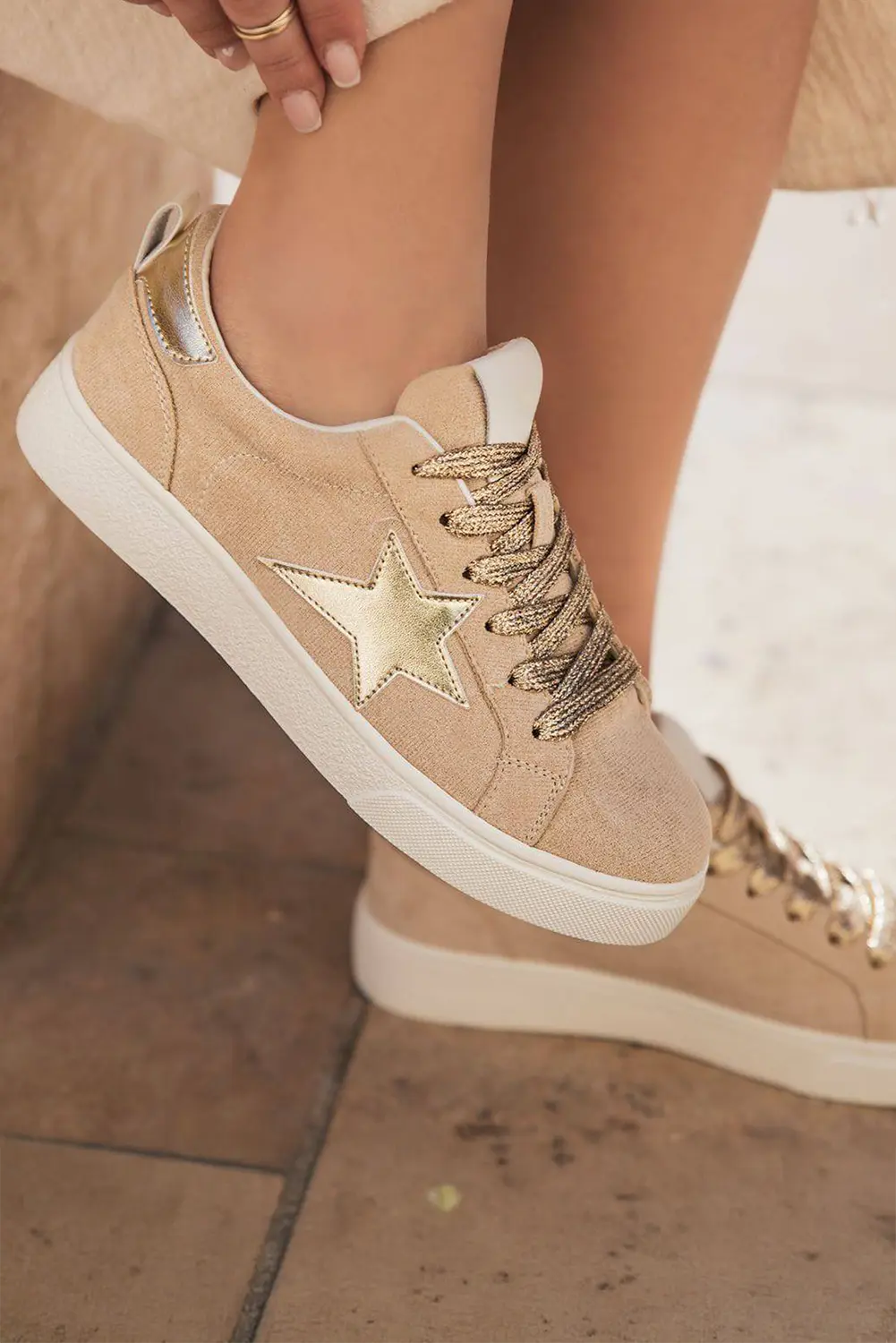 Buckskin Silver Sequin Star Patch Lace Up Trainers - eAura
