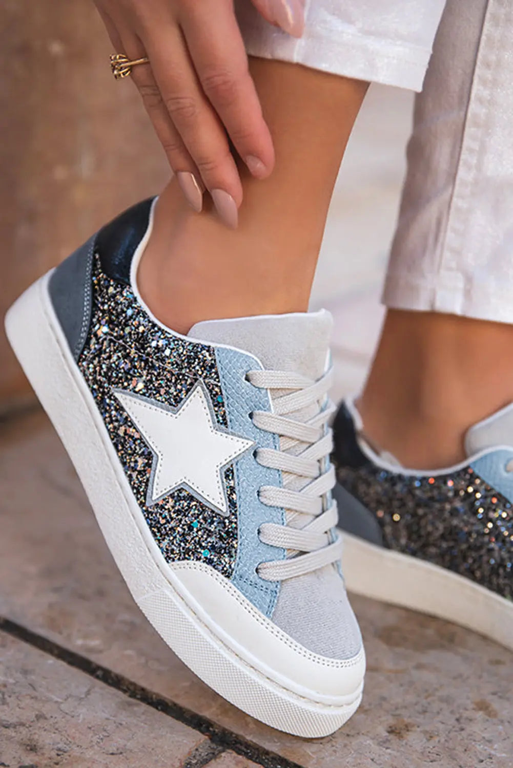 Buckskin Silver Sequin Star Patch Lace Up Trainers - eAura