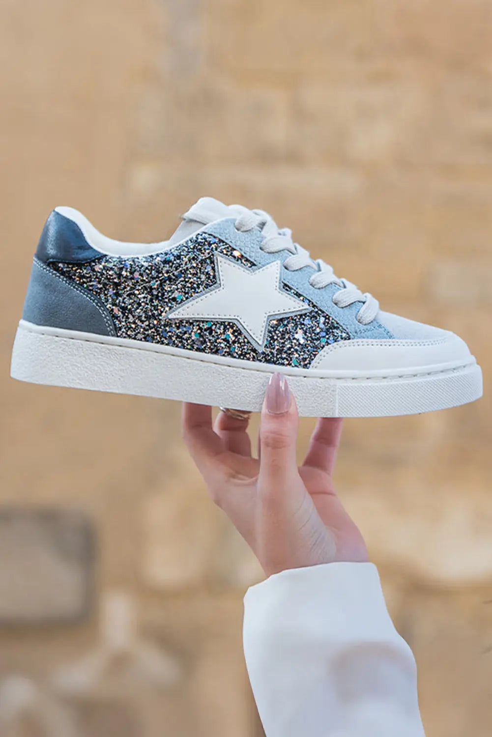 Buckskin Silver Sequin Star Patch Lace Up Trainers - eAura