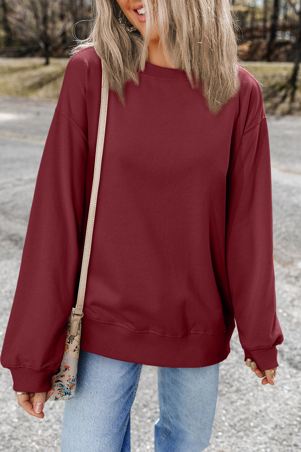 Burgundy Plain Drop Shoulder Crewneck Pullover Sweatshirt - Tops/Sweatshirts & Hoodies