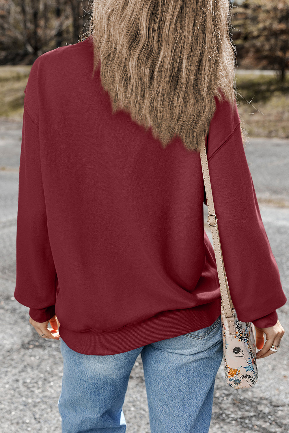 Burgundy Plain Drop Shoulder Crewneck Pullover Sweatshirt - Tops/Sweatshirts & Hoodies