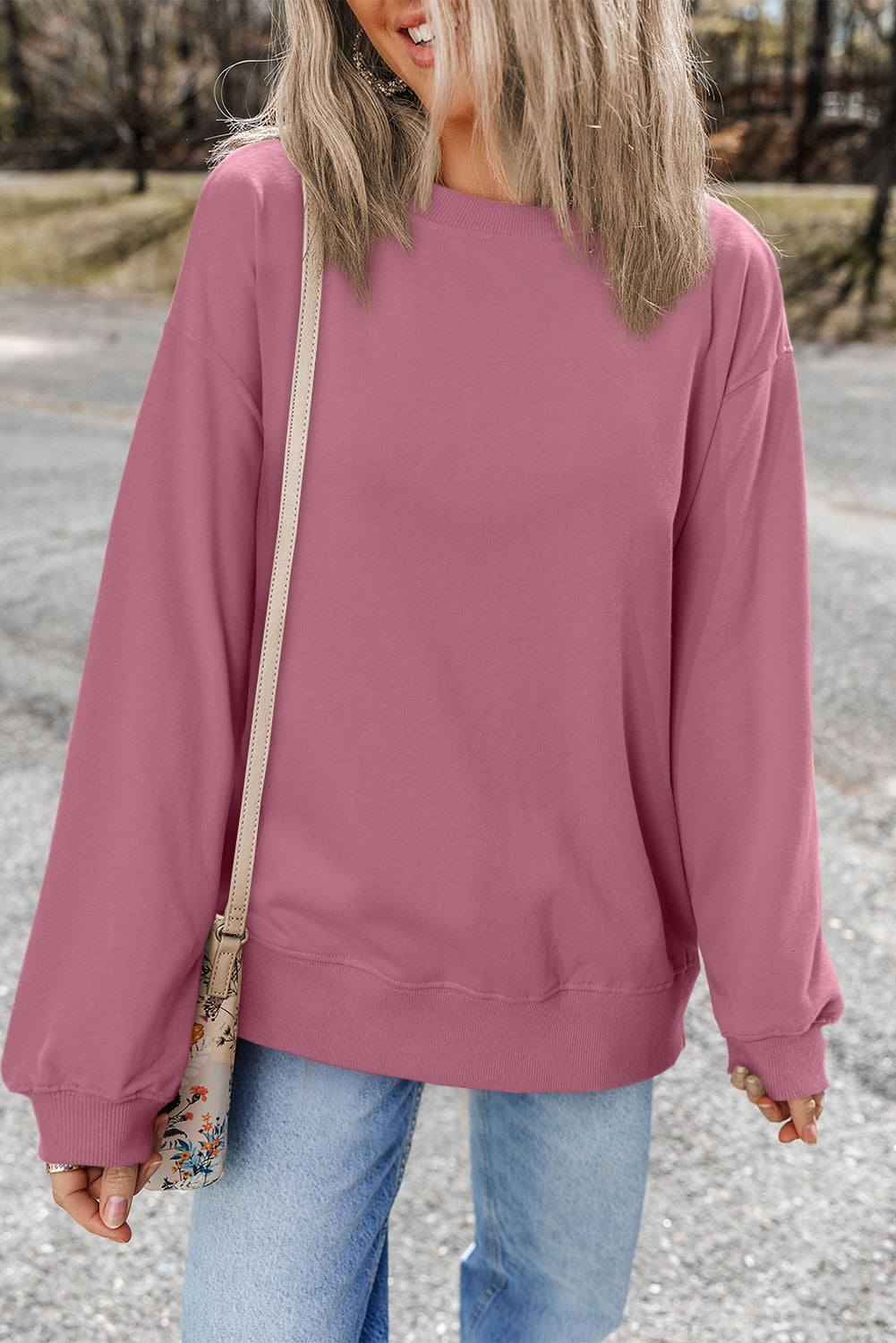 Burgundy Plain Drop Shoulder Crewneck Pullover Sweatshirt - Tops/Sweatshirts & Hoodies