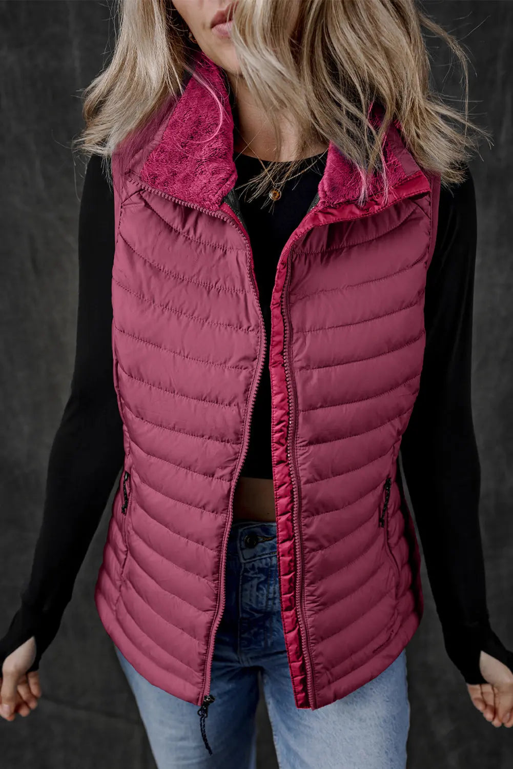 Burgundy Plush Collared Quilted Zipped Puffer Vest - eAura