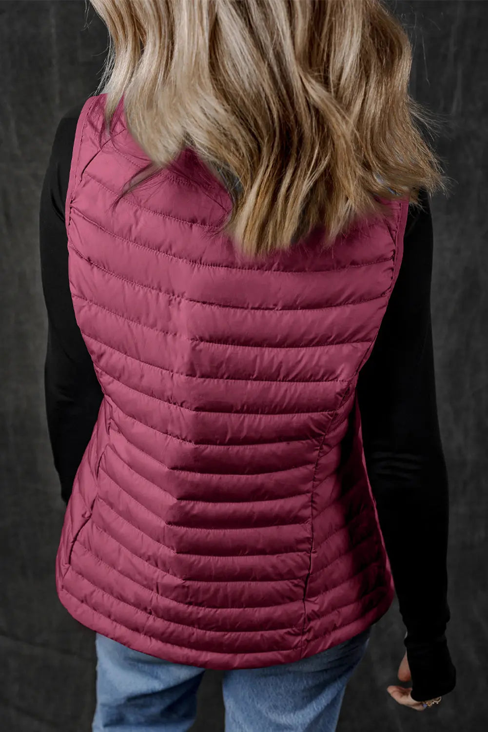 Burgundy Plush Collared Quilted Zipped Puffer Vest - eAura