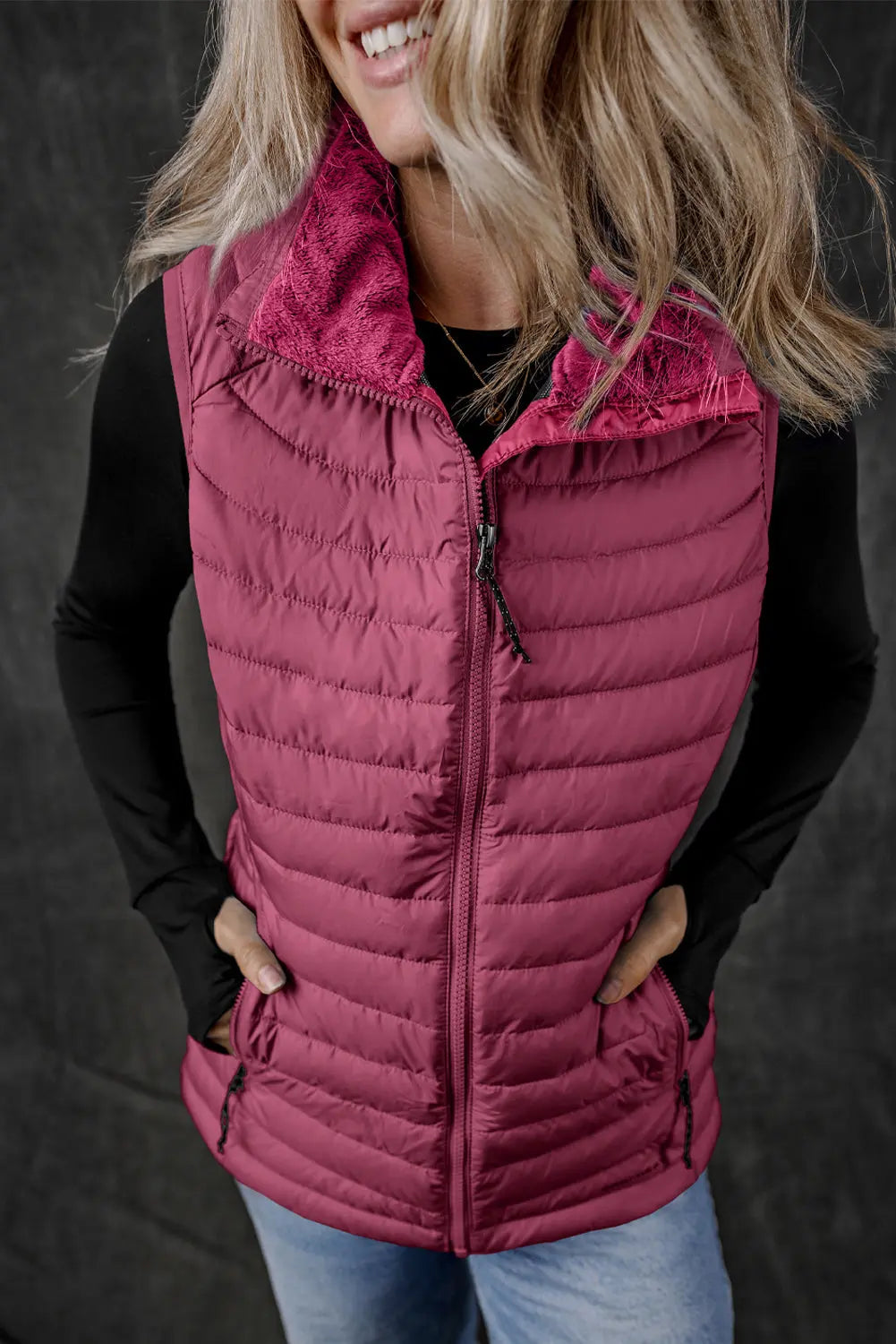 Burgundy Plush Collared Quilted Zipped Puffer Vest - eAura