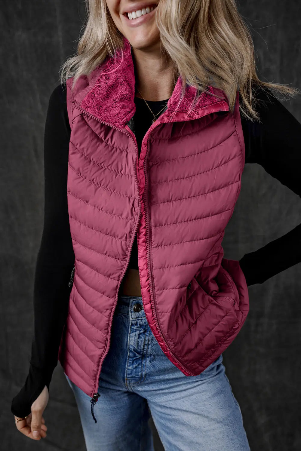 Burgundy Plush Collared Quilted Zipped Puffer Vest - eAura