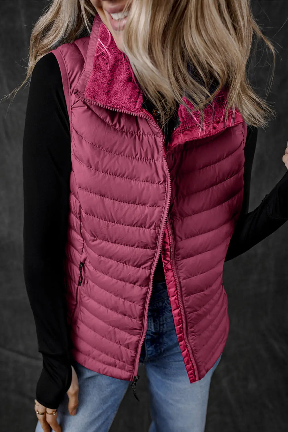Burgundy Plush Collared Quilted Zipped Puffer Vest - eAura