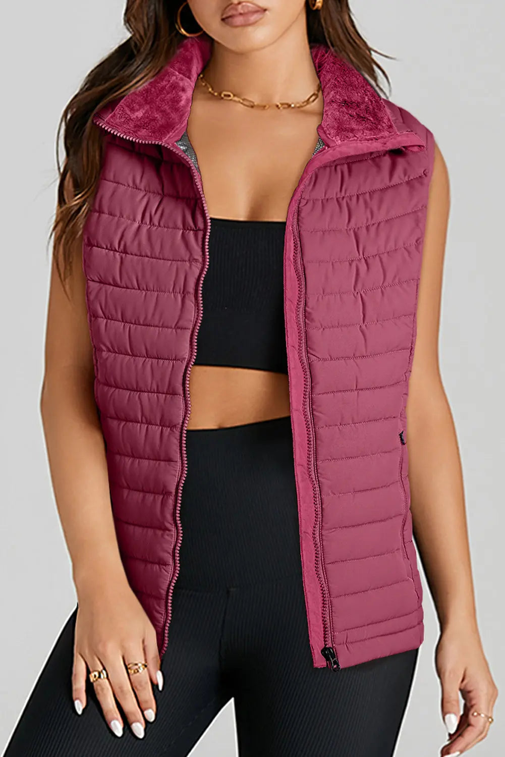Burgundy Plush Collared Quilted Zipped Puffer Vest - eAura