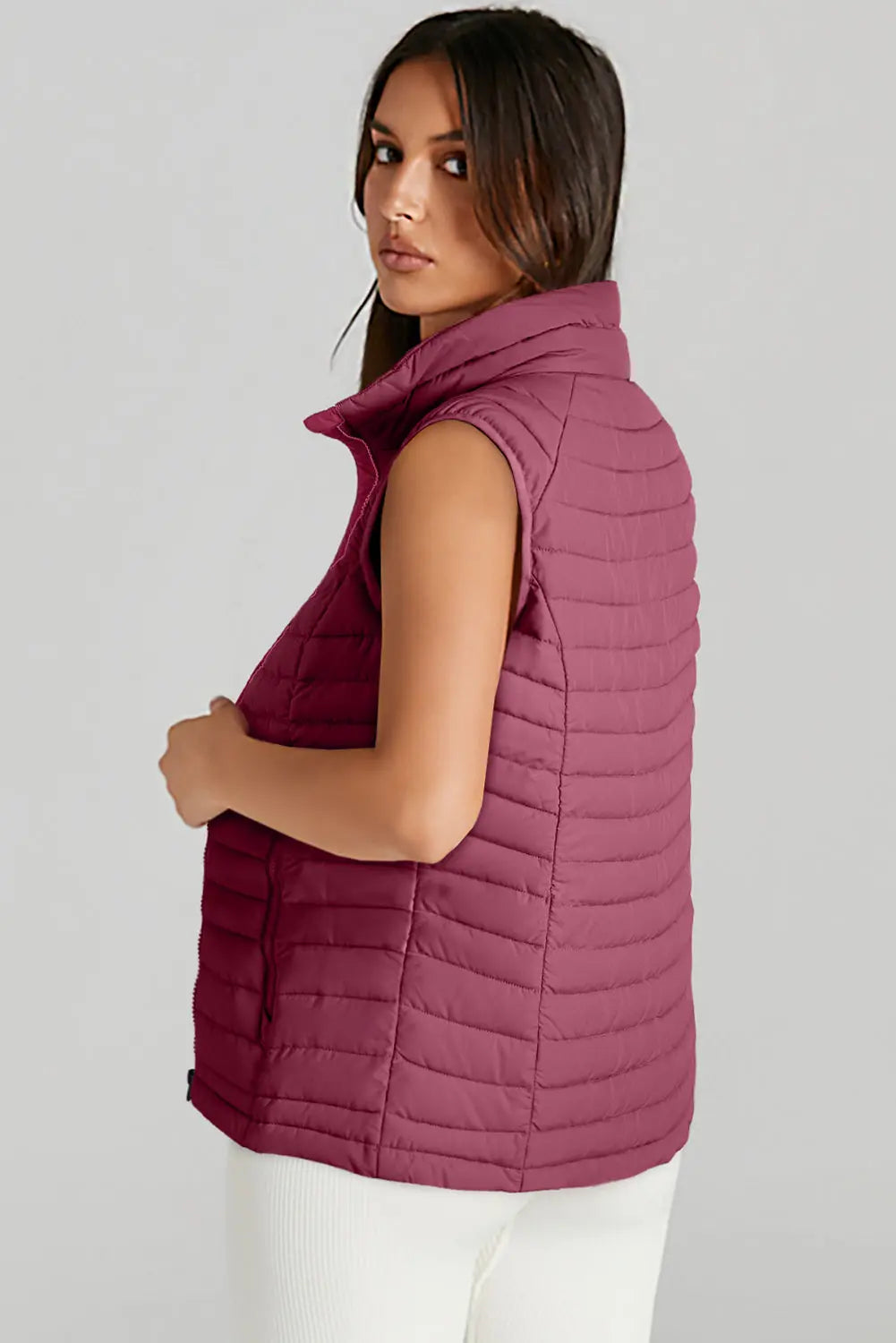 Burgundy Plush Collared Quilted Zipped Puffer Vest - eAura