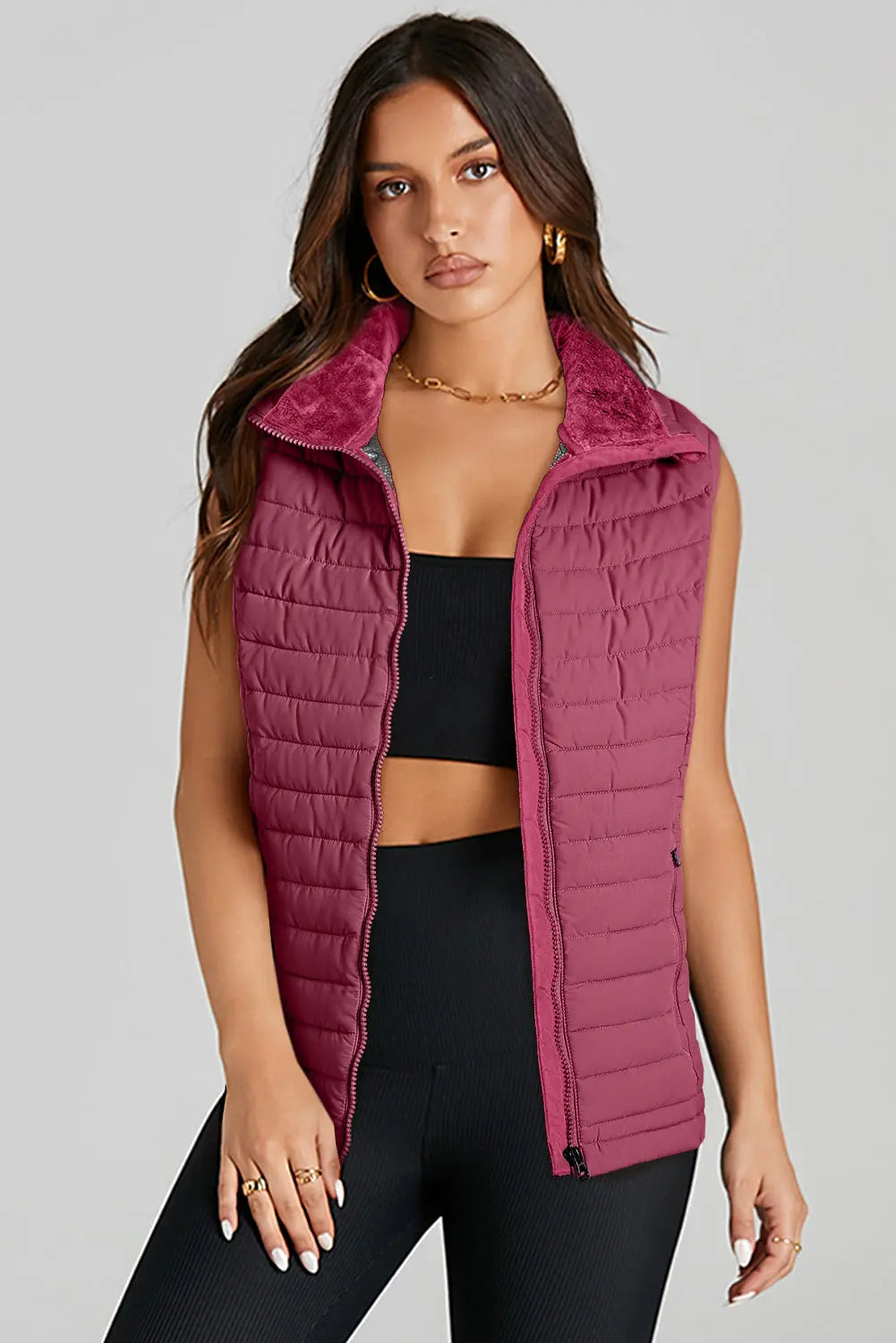 Burgundy Plush Collared Quilted Zipped Puffer Vest - eAura