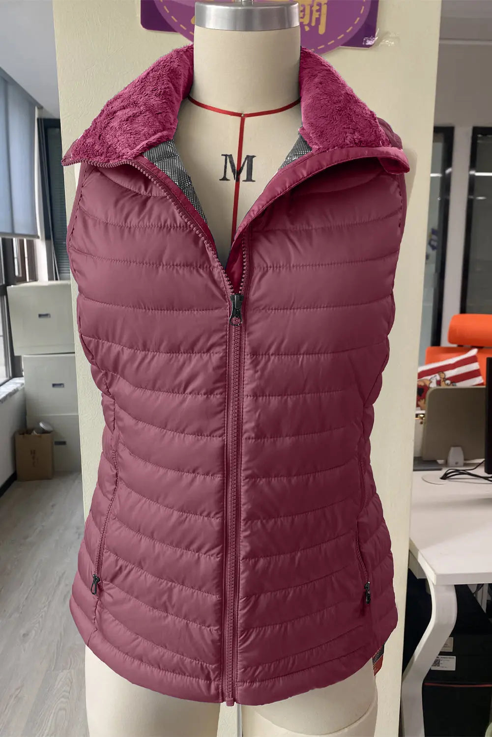 Burgundy Plush Collared Quilted Zipped Puffer Vest - eAura