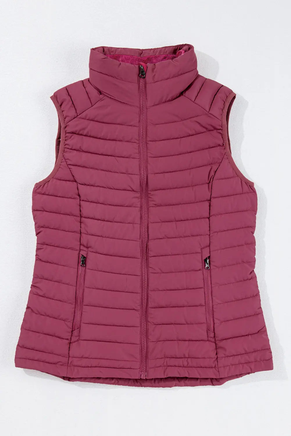 Burgundy Plush Collared Quilted Zipped Puffer Vest - eAura