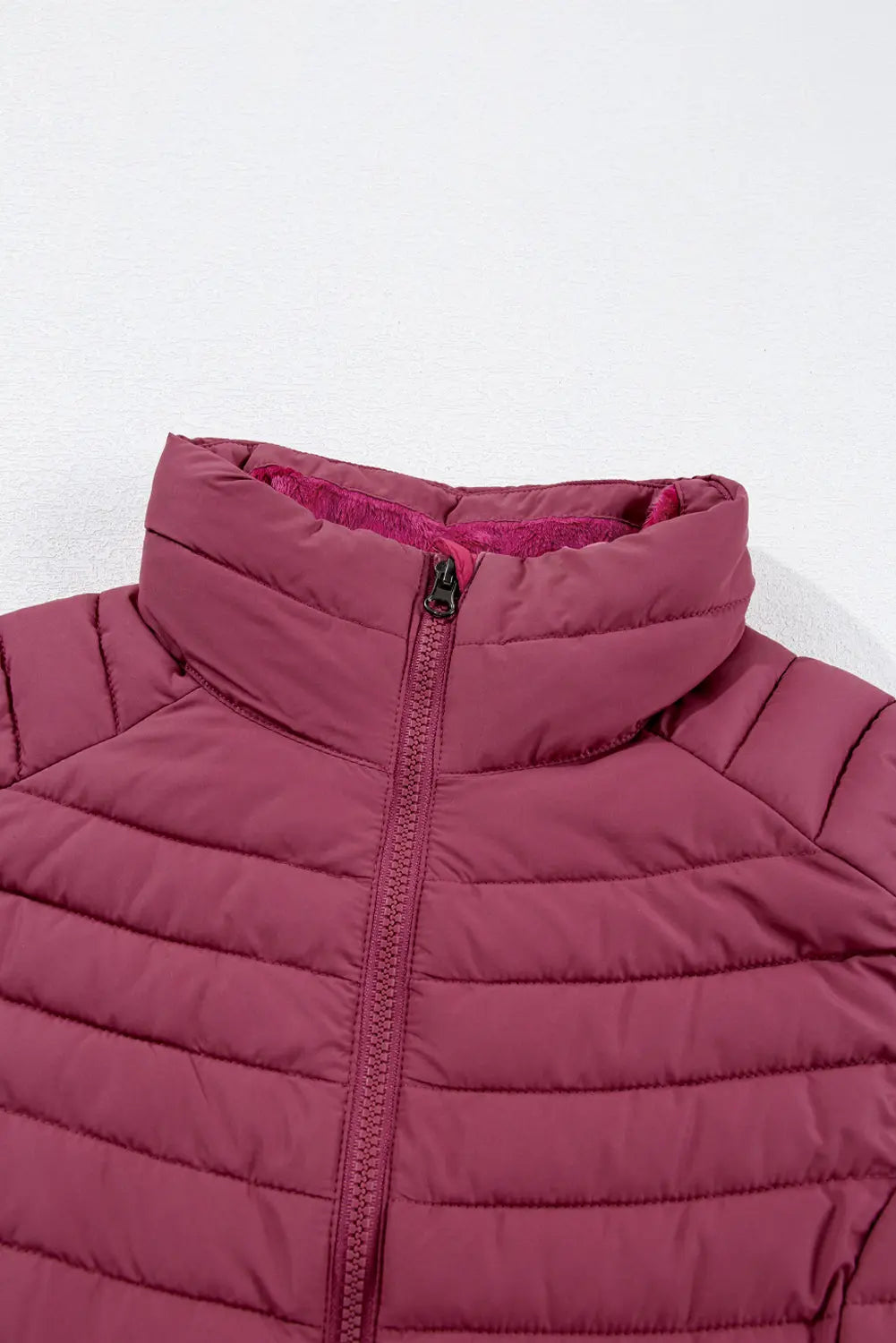 Burgundy Plush Collared Quilted Zipped Puffer Vest - eAura