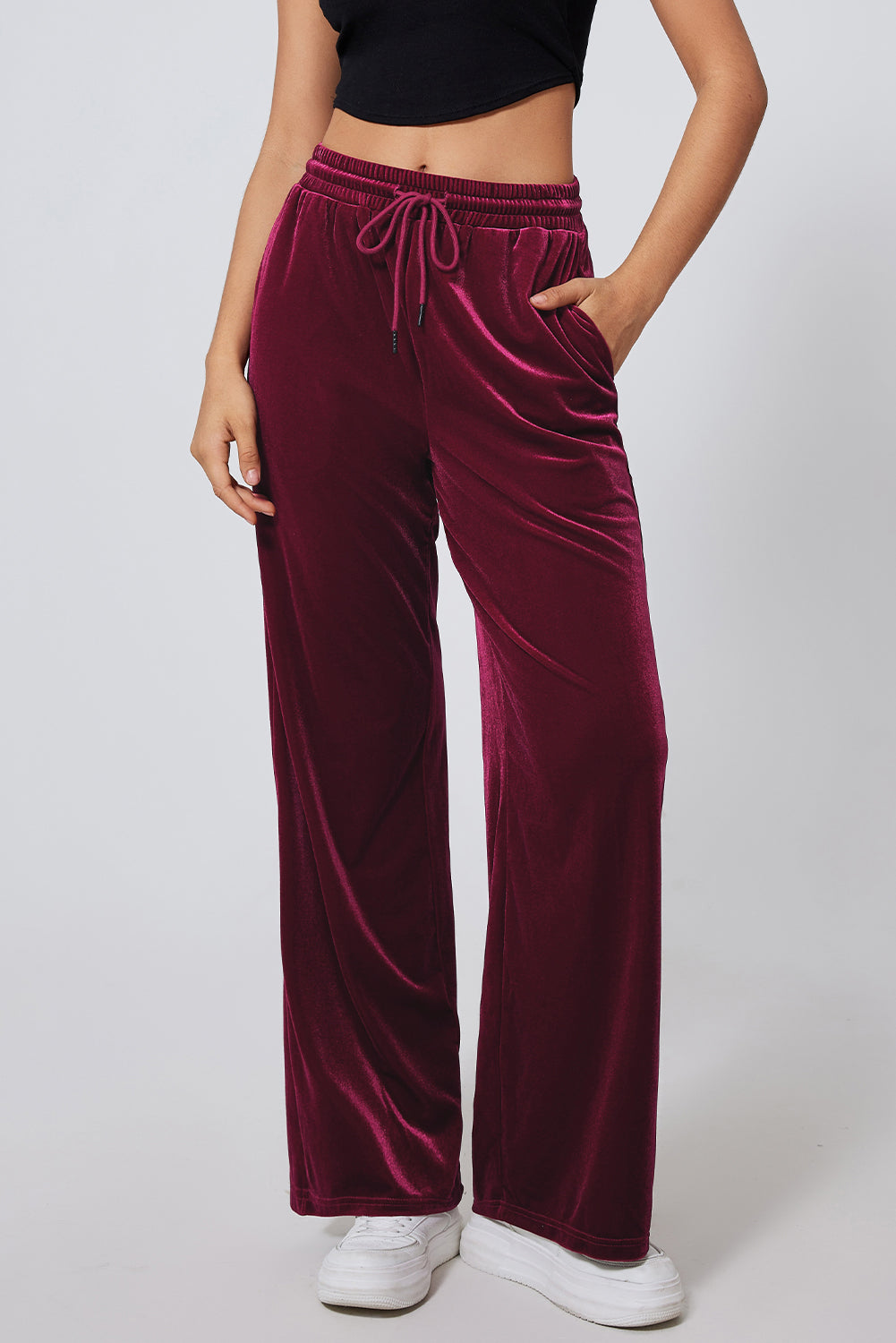 Burgundy Solid Drawstring Waist Wide Leg Trousers - eAura