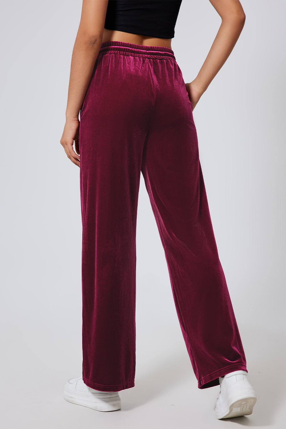Burgundy Solid Drawstring Waist Wide Leg Trousers - Activewear/Yoga Pants