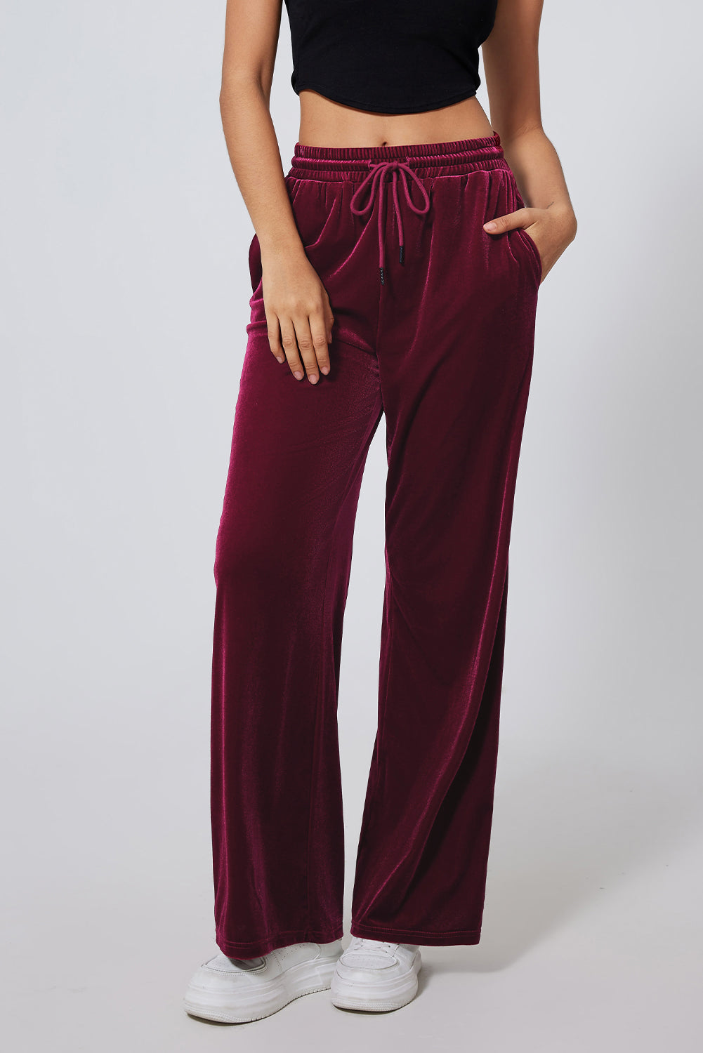 Burgundy Solid Drawstring Waist Wide Leg Trousers - Activewear/Yoga Pants