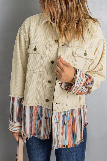 Button Up Pockets Striped Colour Block Corduroy Jacket - eAura