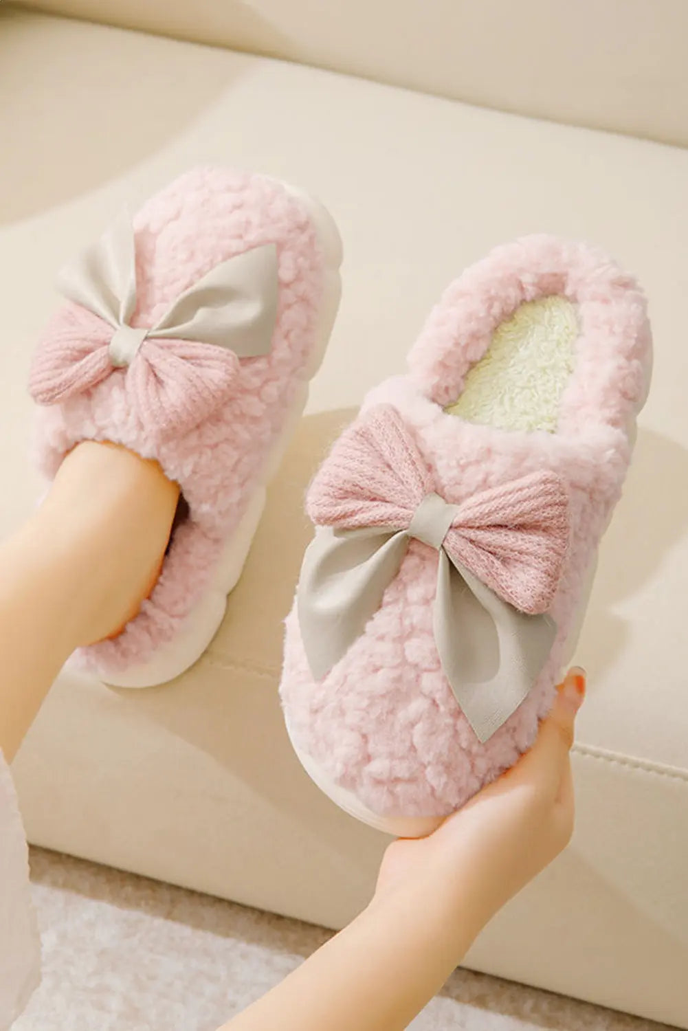 Camel Contrast Bowknot Applique Plush Winter Slippers - eAura