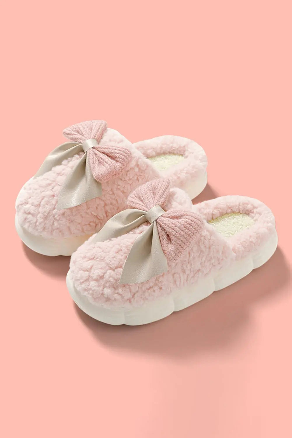 Camel Contrast Bowknot Applique Plush Winter Slippers - eAura