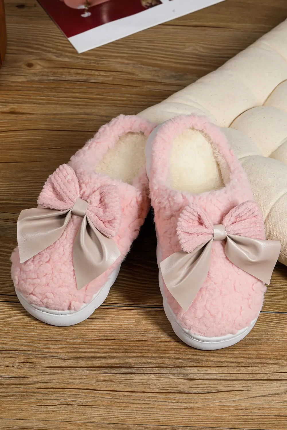 Camel Contrast Bowknot Applique Plush Winter Slippers - eAura