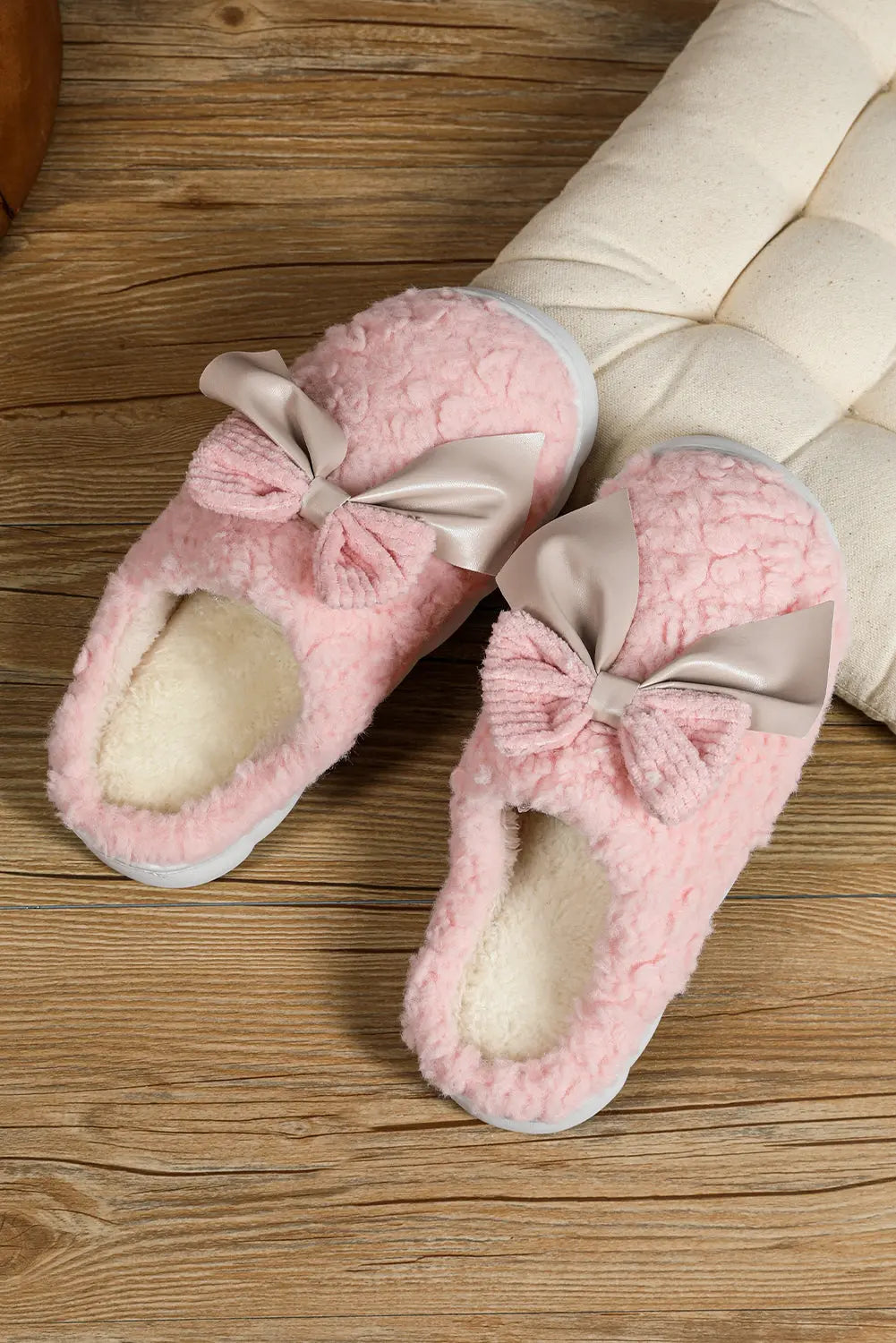 Camel Contrast Bowknot Applique Plush Winter Slippers - eAura