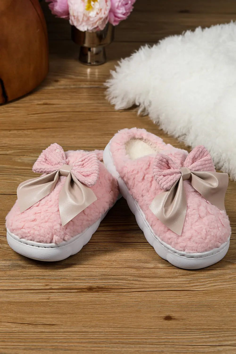 Camel Contrast Bowknot Applique Plush Winter Slippers - eAura