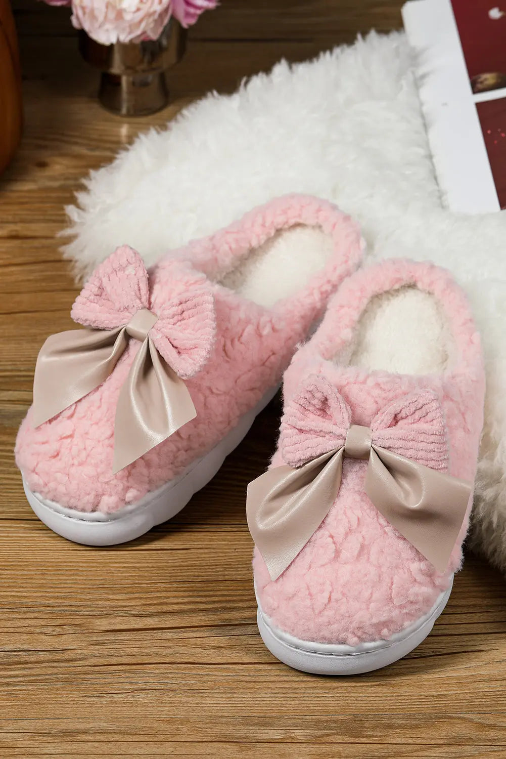 Camel Contrast Bowknot Applique Plush Winter Slippers - eAura