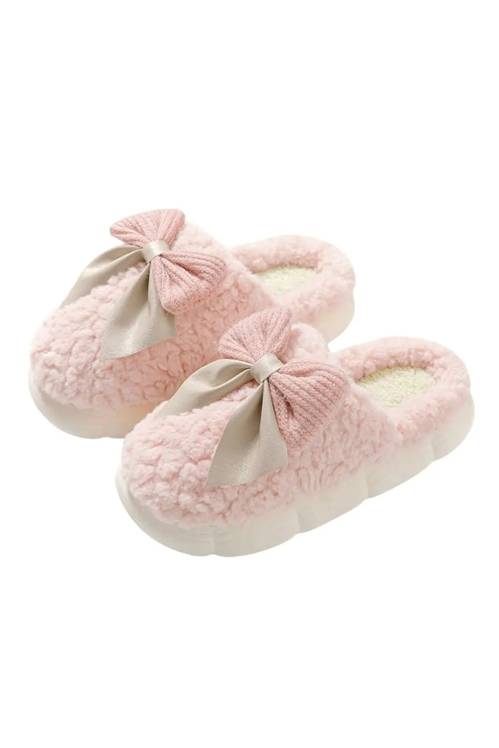 Camel Contrast Bowknot Applique Plush Winter Slippers - eAura