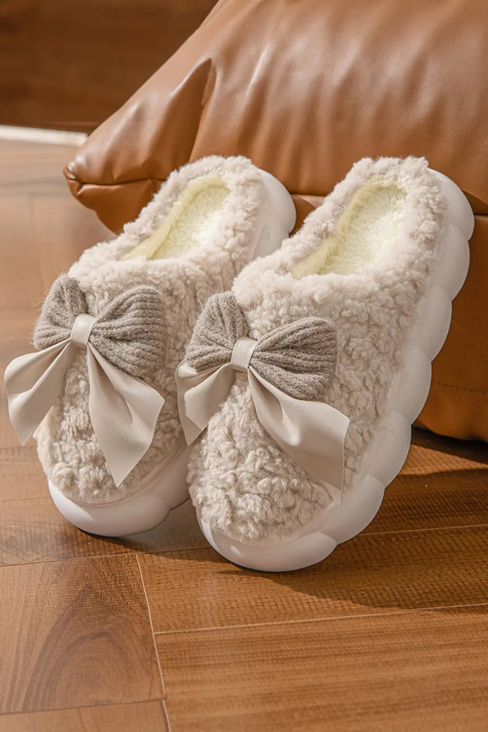 Camel Contrast Bowknot Applique Plush Winter Slippers - eAura