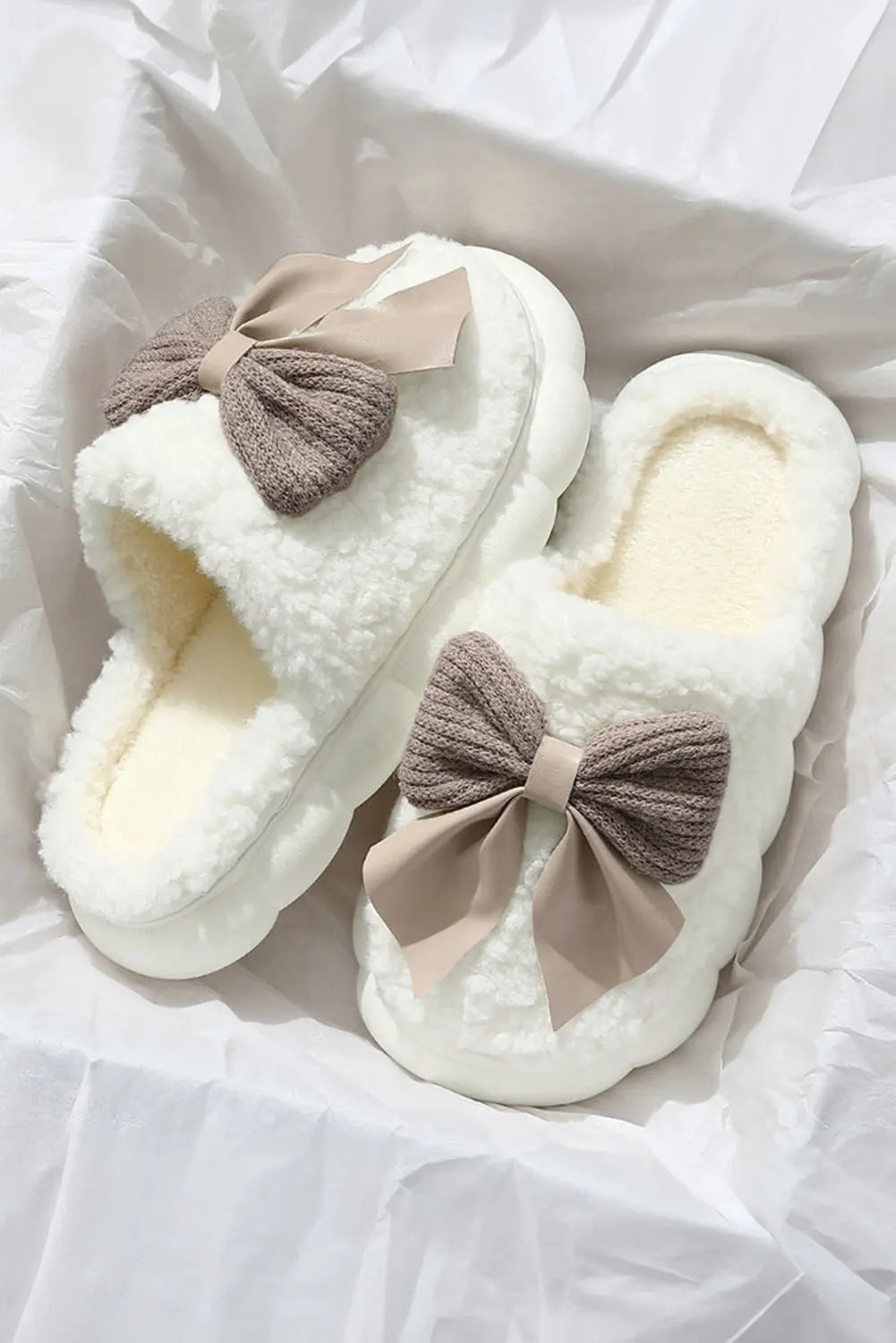 Camel Contrast Bowknot Applique Plush Winter Slippers - eAura
