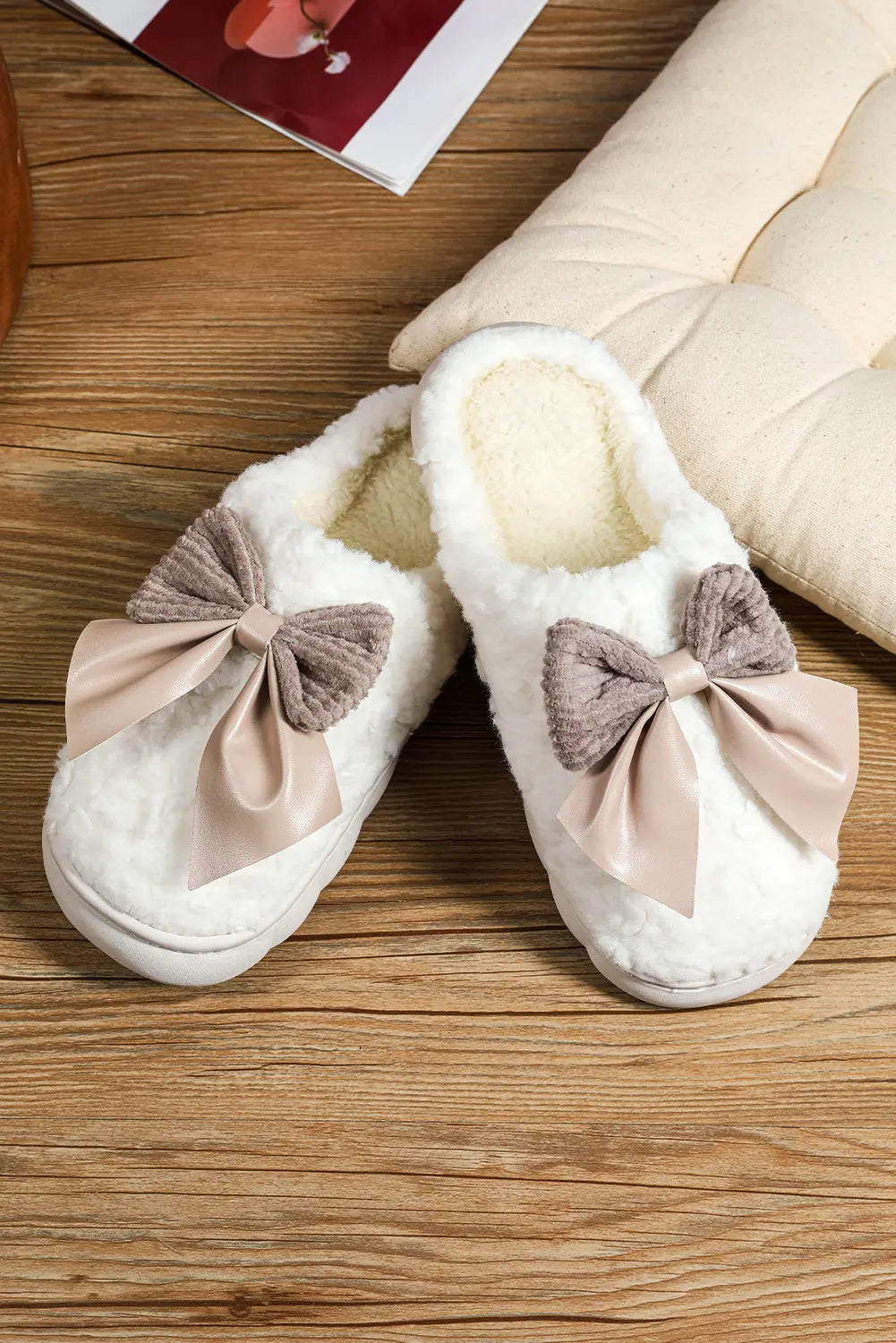 Camel Contrast Bowknot Applique Plush Winter Slippers - eAura