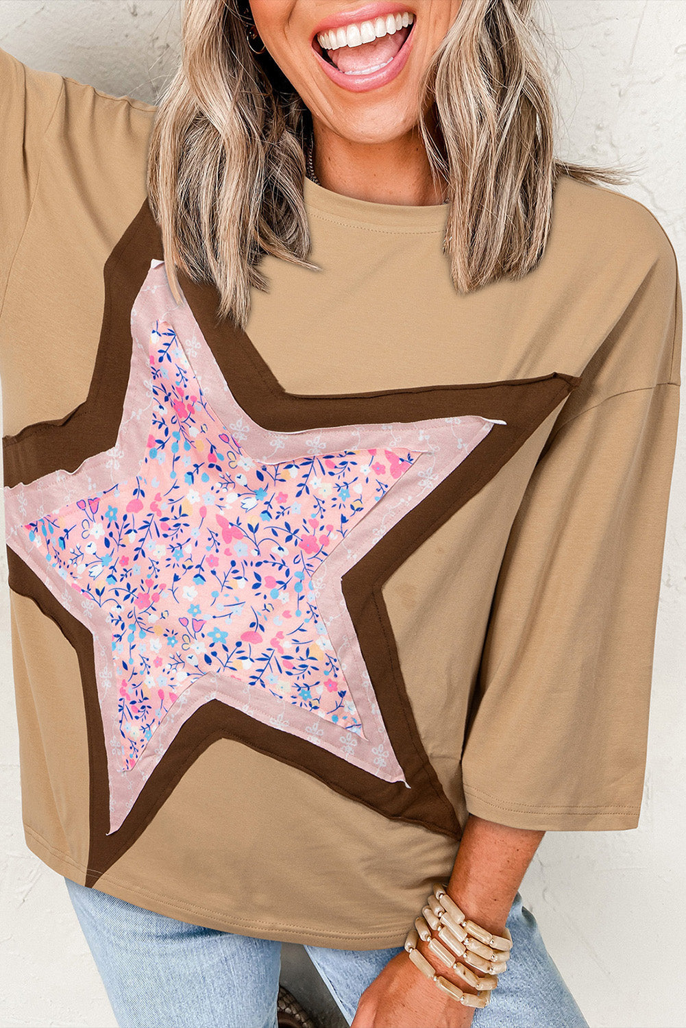 Camel Floral Star Patchwork 3/4 Long Sleeve Top - eAura