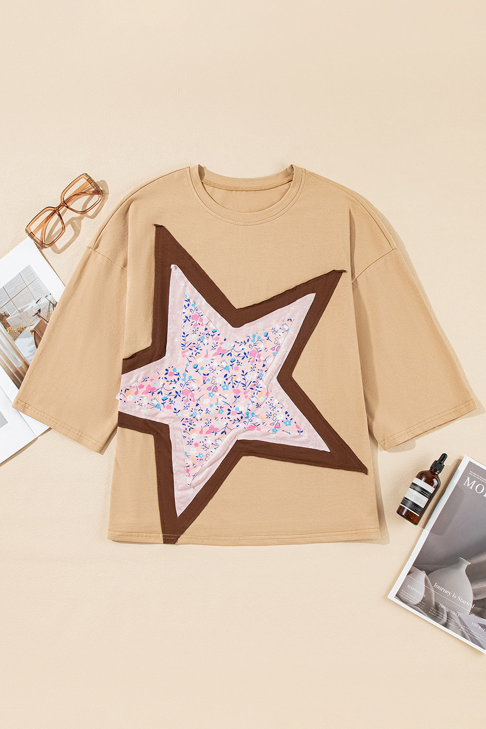 Camel Floral Star Patchwork 3/4 Long Sleeve Top - Tops/Long Tops