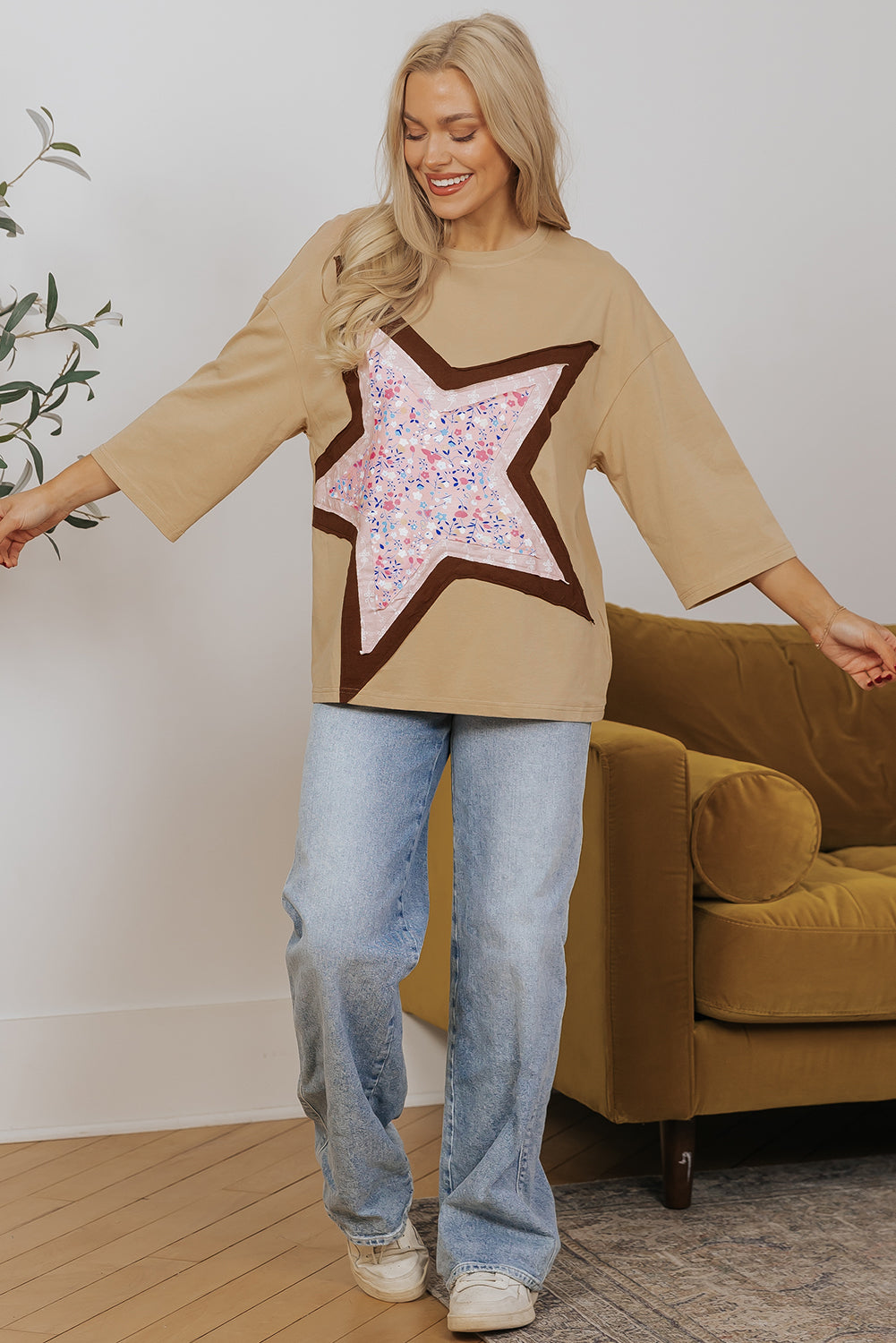 Camel Floral Star Patchwork 3/4 Long Sleeve Top - Tops/Long Tops