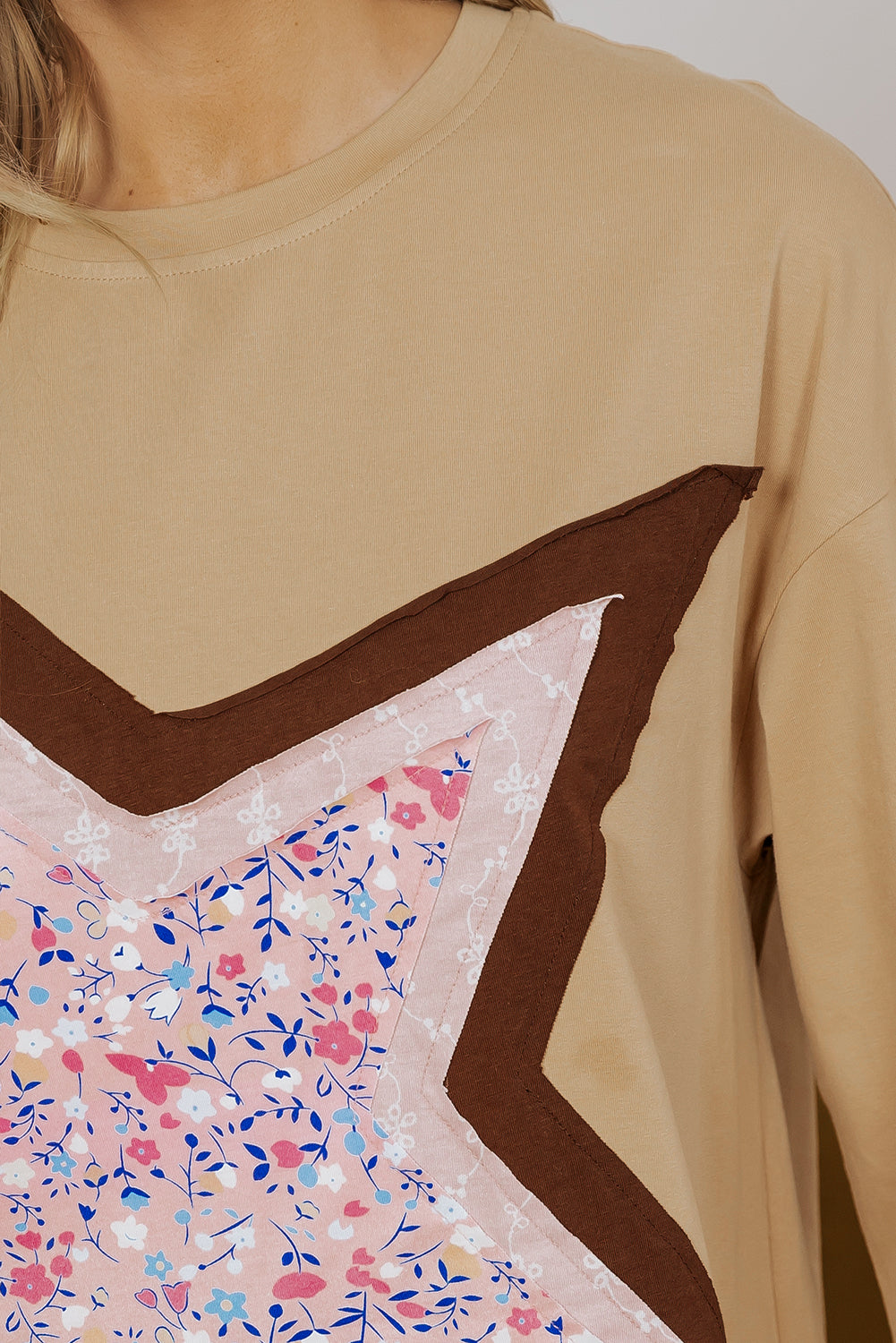 Camel Floral Star Patchwork 3/4 Long Sleeve Top - Tops/Long Tops