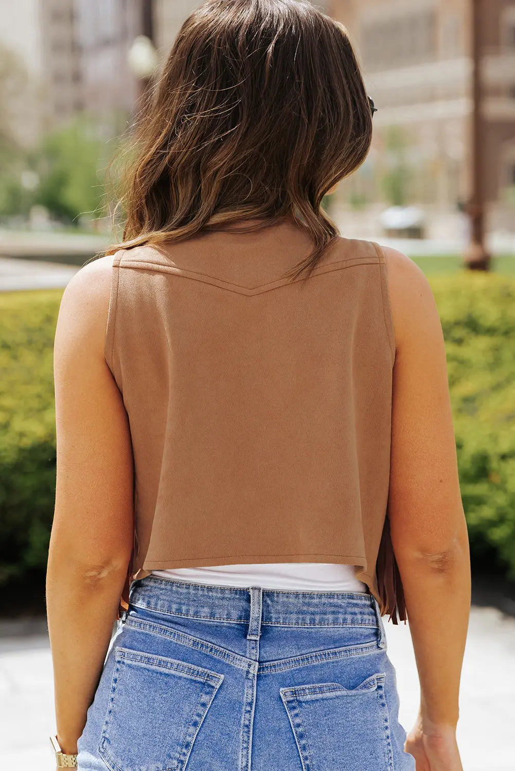 Camel Fringed Snap Button Front Suedette Sleeveless Jacket eAura