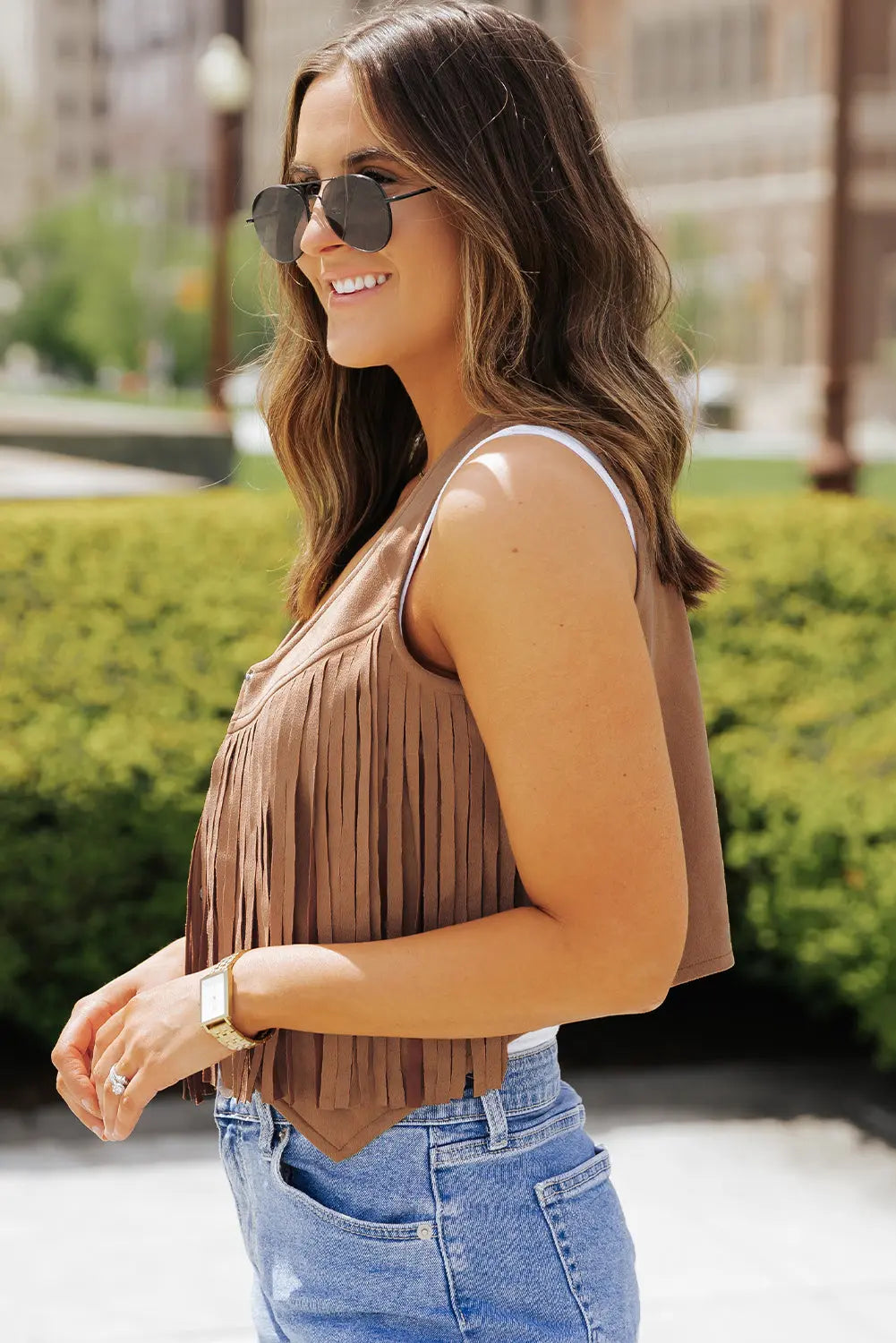 Camel Fringed Snap Button Front Suedette Sleeveless Jacket eAura