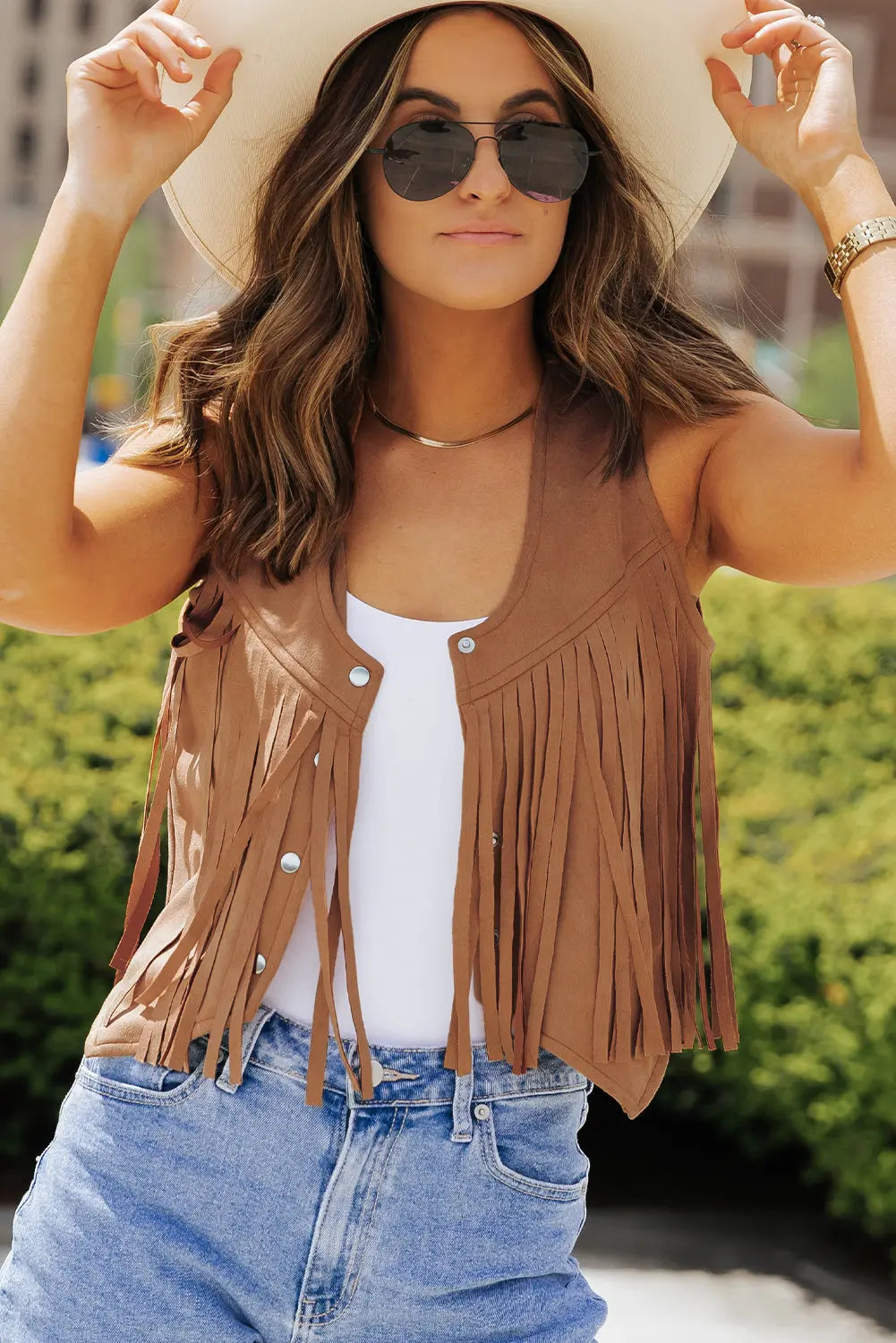 Camel Fringed Snap Button Front Suedette Sleeveless Jacket eAura