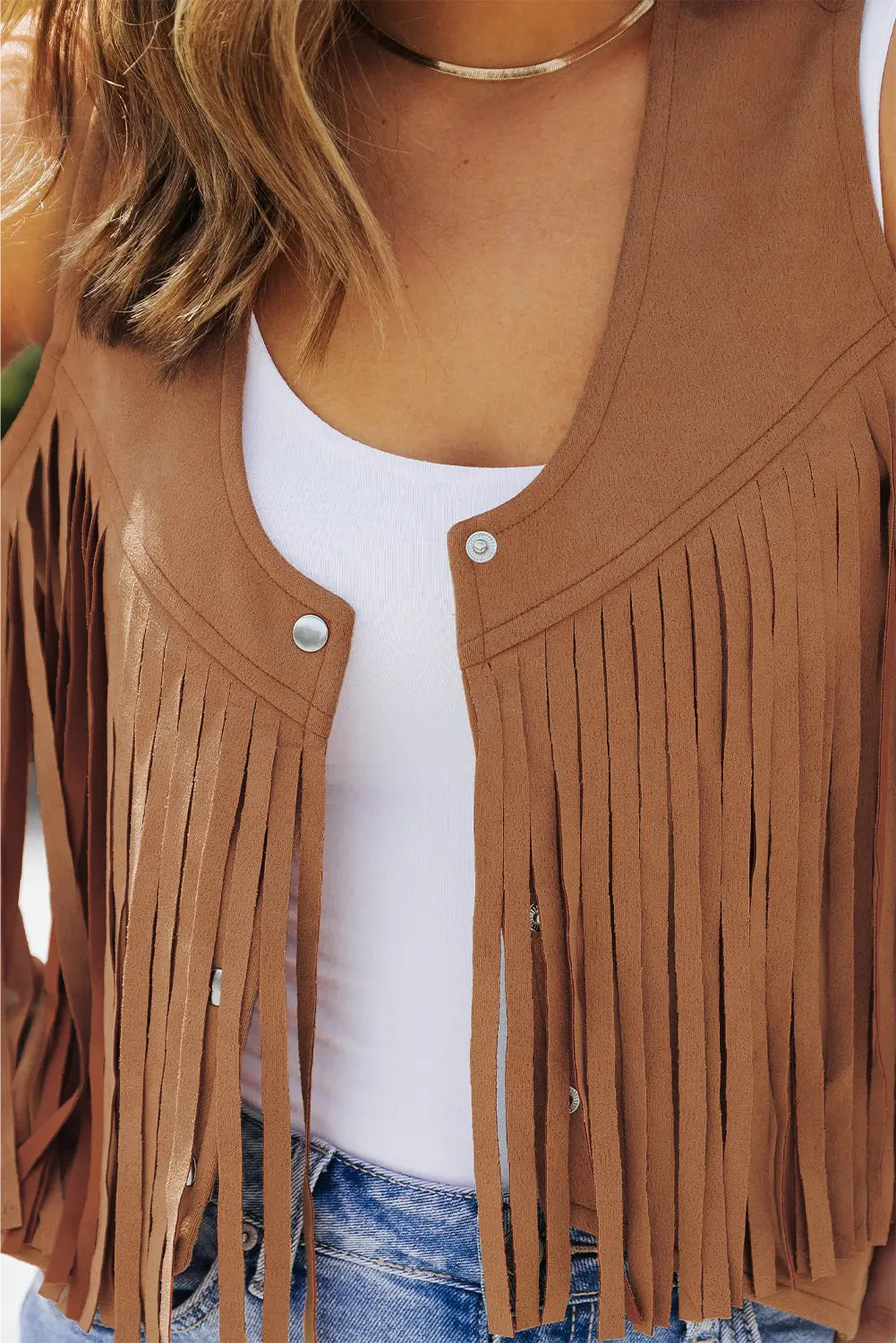 Camel Fringed Snap Button Front Suedette Sleeveless Jacket eAura