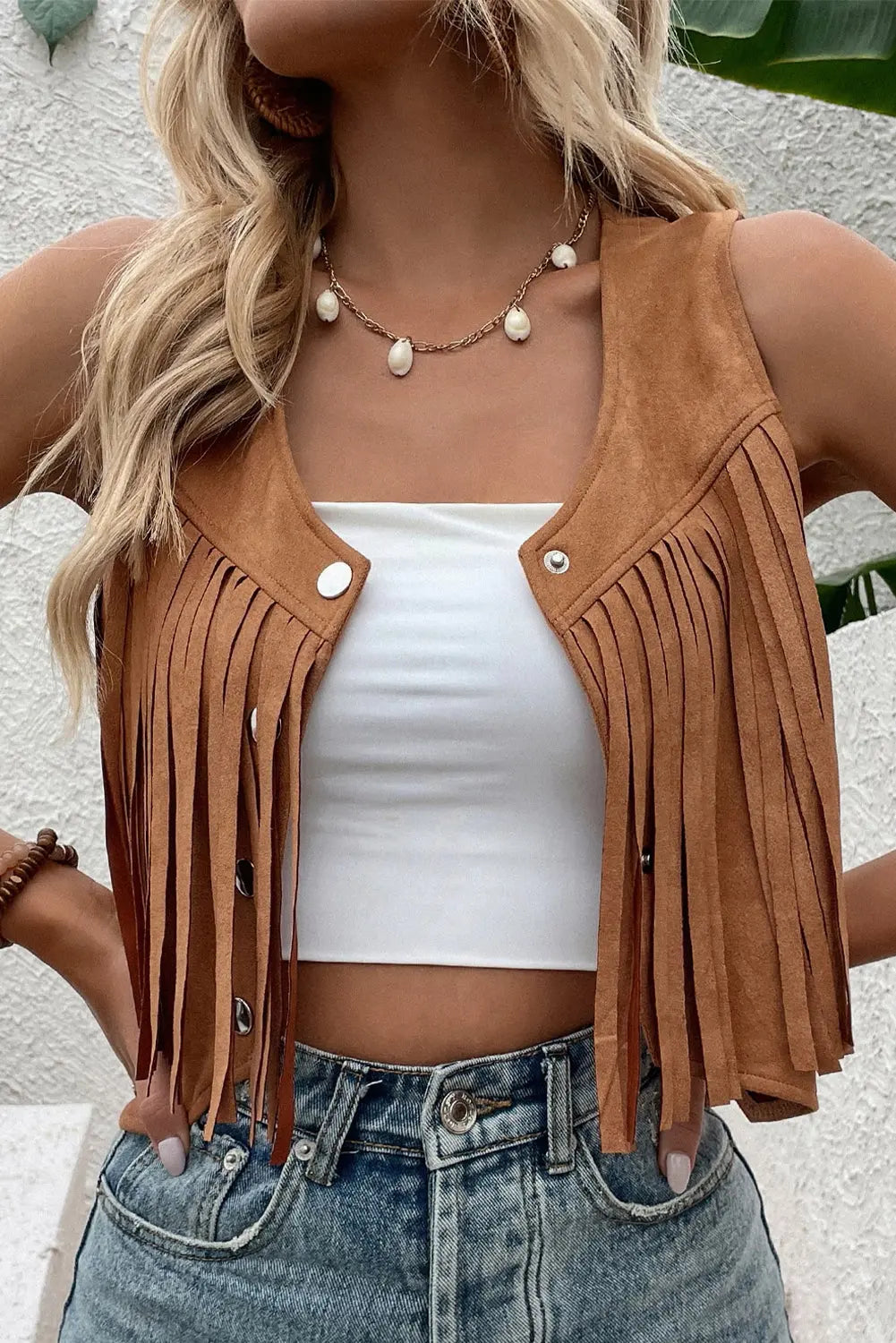 Camel Fringed Snap Button Front Suedette Sleeveless Jacket eAura