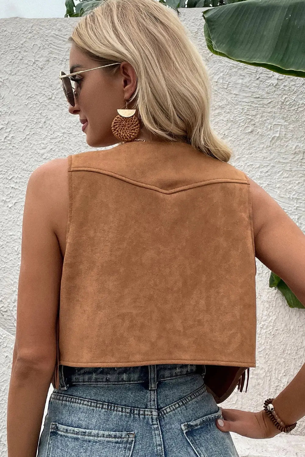 Camel Fringed Snap Button Front Suedette Sleeveless Jacket eAura