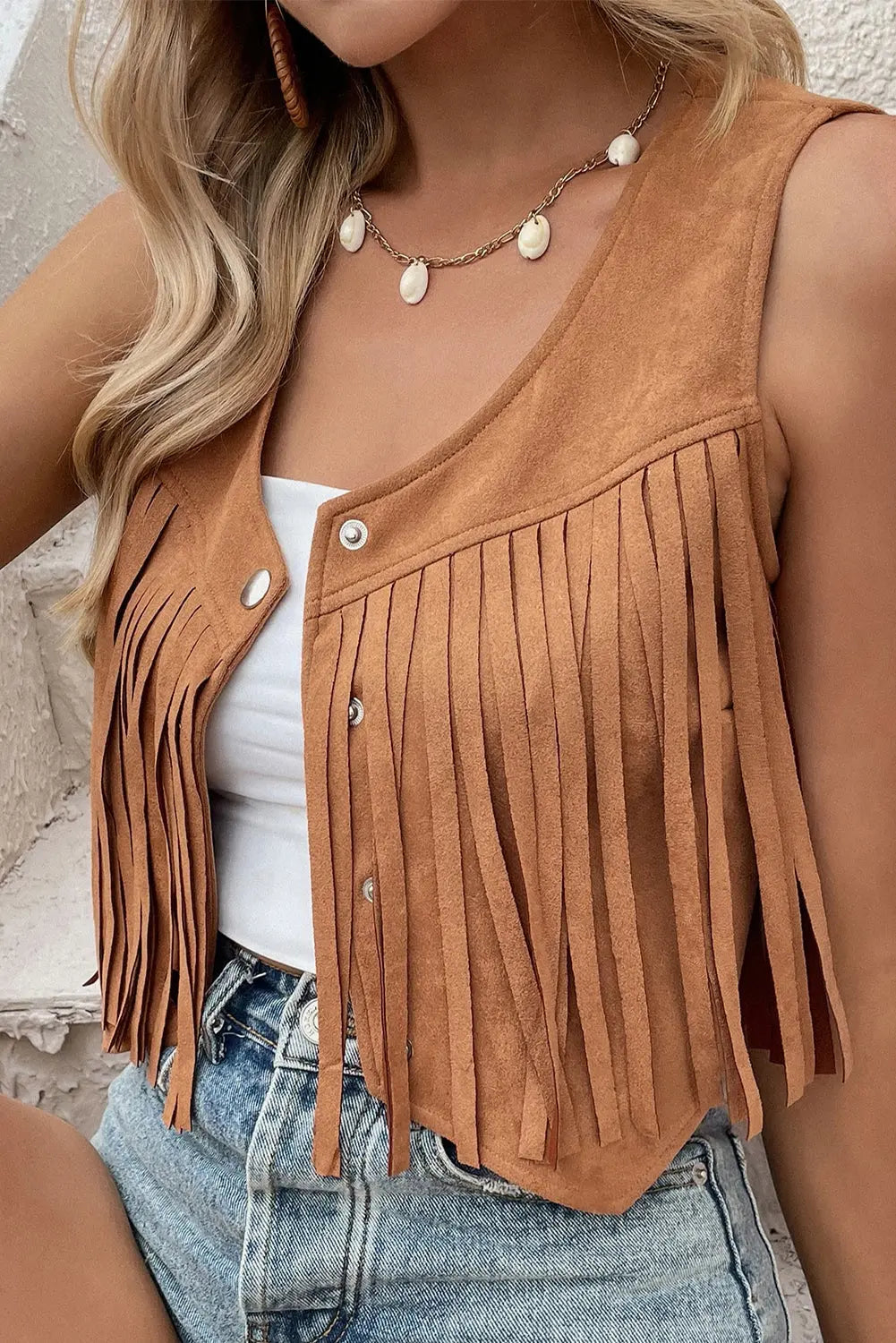 Camel Fringed Snap Button Front Suedette Sleeveless Jacket eAura