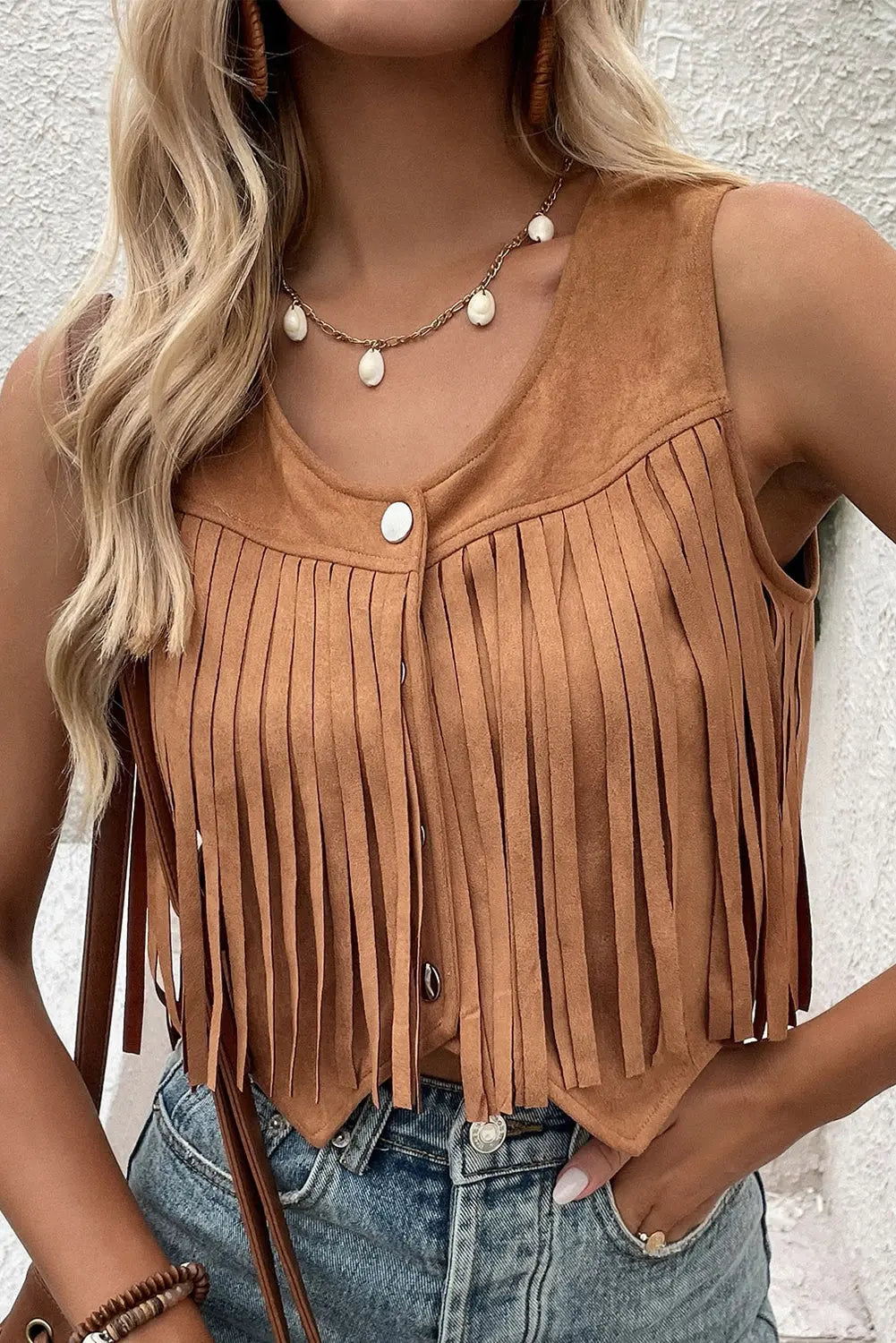 Camel Fringed Snap Button Front Suedette Sleeveless Jacket eAura
