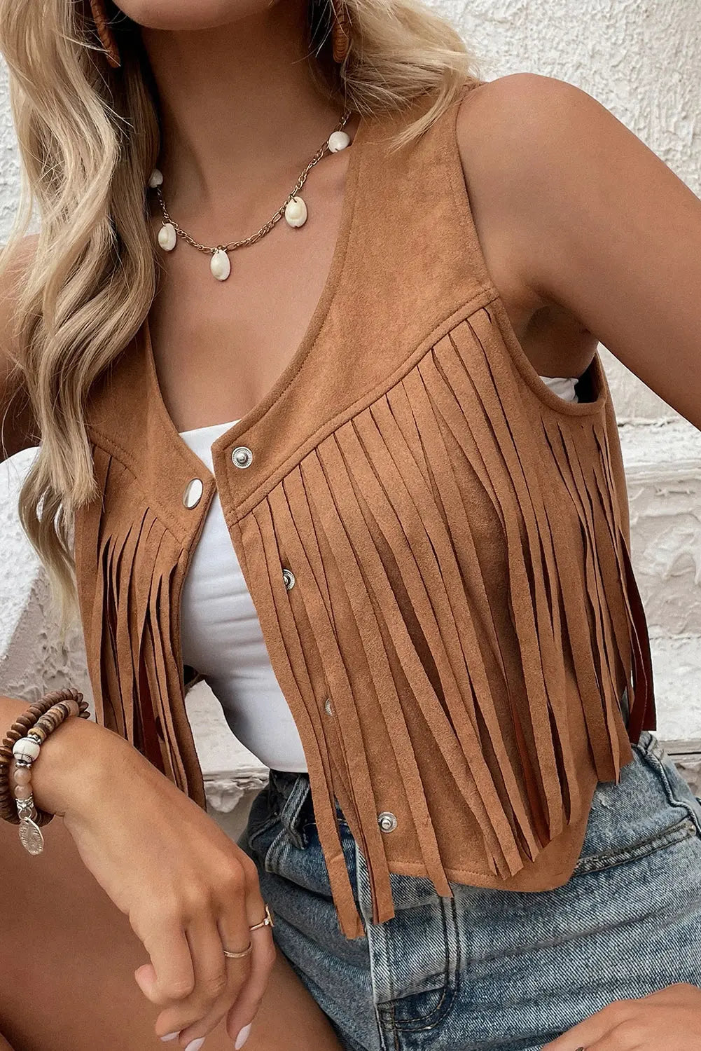 Camel Fringed Snap Button Front Suedette Sleeveless Jacket eAura