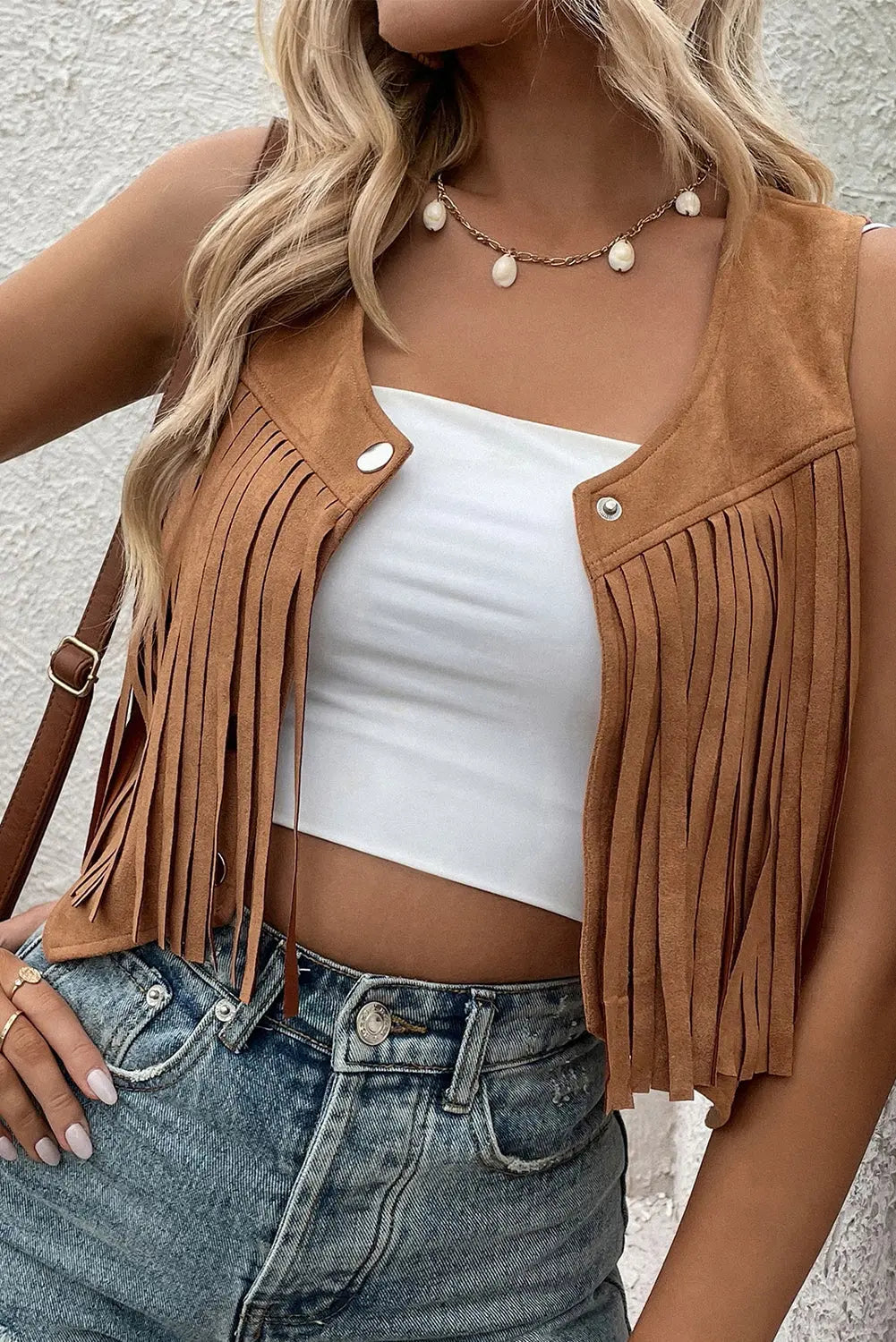 Camel Fringed Snap Button Front Suedette Sleeveless Jacket eAura